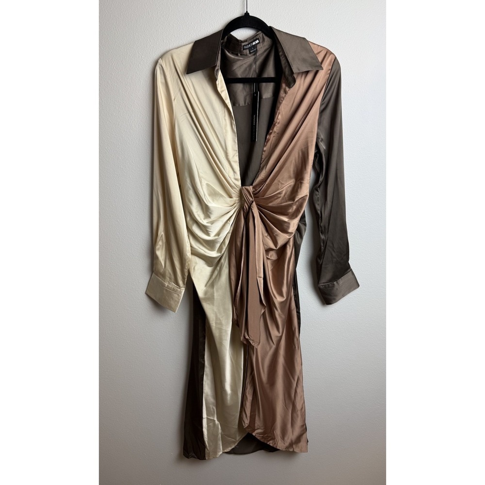 FASHION NOVA BEAUTY SECRETS SATIN Brown COMBO SHORT DRESS SIZE L NWT